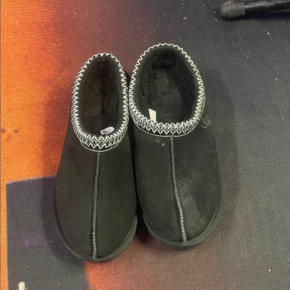 UGG Black Suede Slip-On Moccasin Slippers with Contrast Stitching